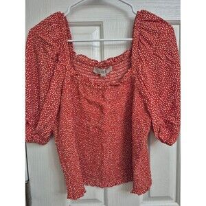 LOFT Orange Red Polka Dot Smocked Square Neck Puff Sleeve Top Size M